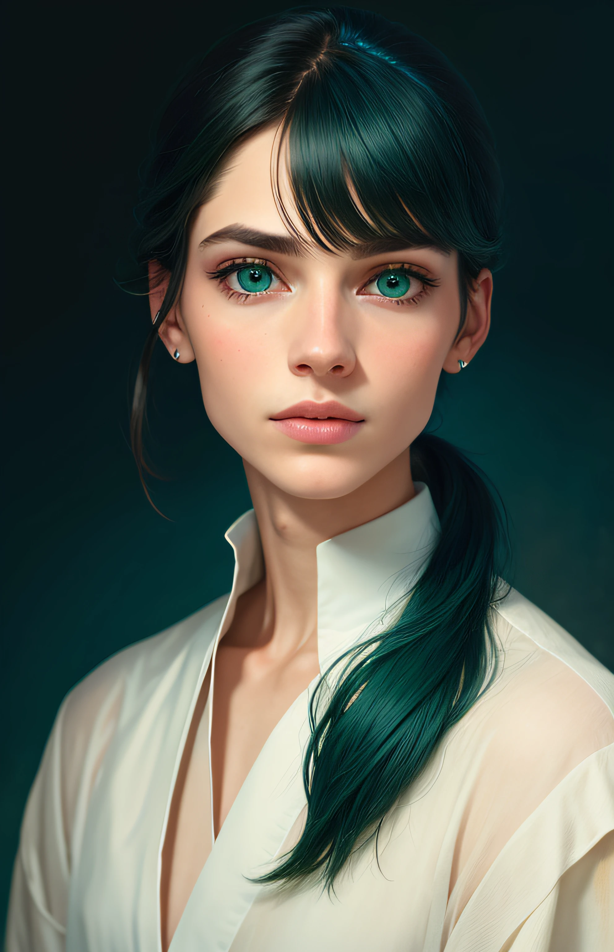 Protrait, photograph, androgynous hunnuman, oval jaw, delicate features, beautiful face, hair, long bangs, long ponytail, bright blue-green eyes, lds art