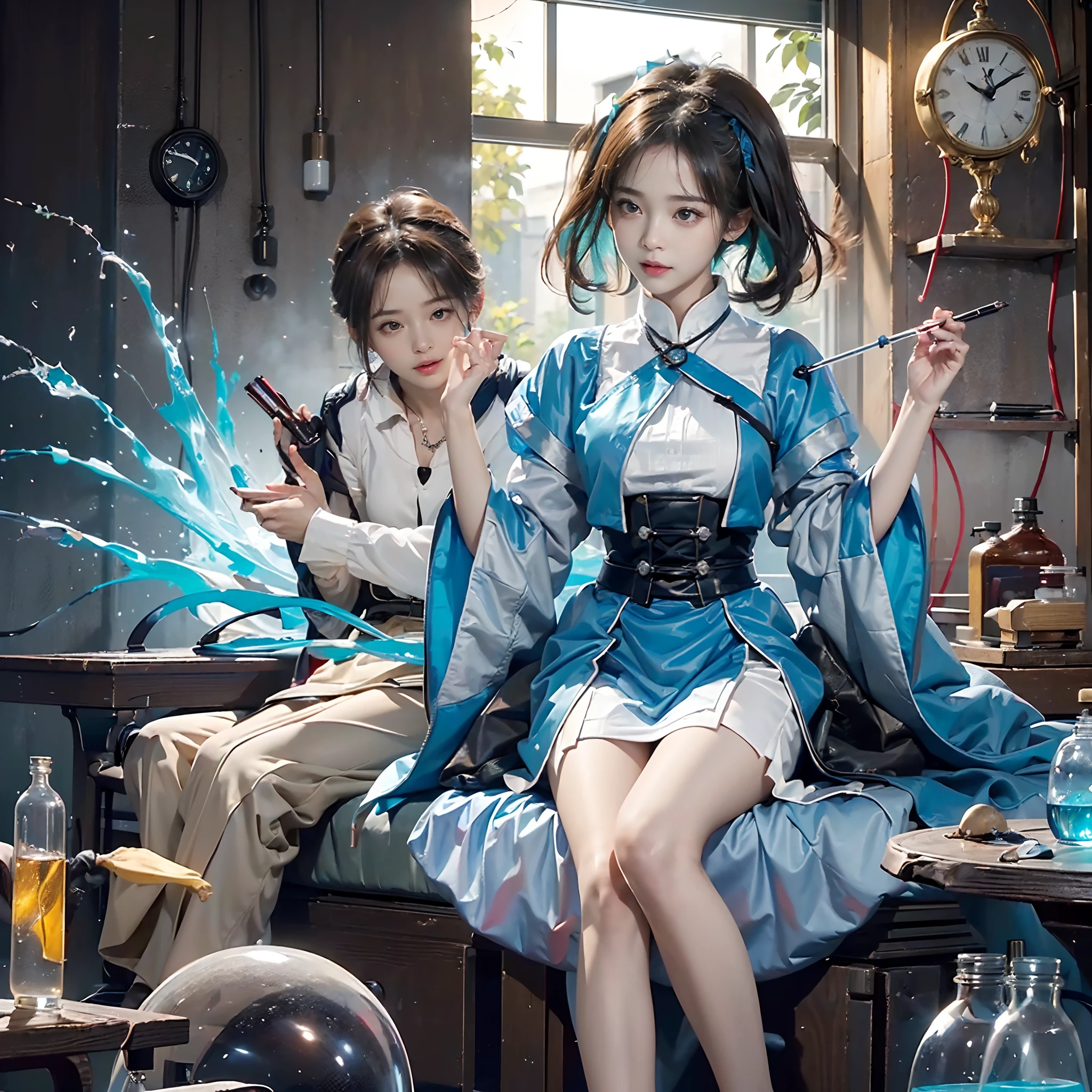 ((top-quality、8K、masterpiece:1.3))、(((1womanl、1 boy)):1.3),((anatomy correct):1.45)、(Full body:1.5)、(((28 year old)))、foco nítido:1.2、(realisitic、Photorealsitic:1.37)、in a chemistry lab,
Girl pouring colorful liquid into test tube. She is fascinated by chemistry、I want to see how her chemicals react. Her eyes are shining、Her expression is like a sorceress.
Next to her, Sitting Boy. He was not interested in her experiments and、、、、、、、I'm bored and looking at the clock.(8K、masterpiece、top-quality、Raw foto)
