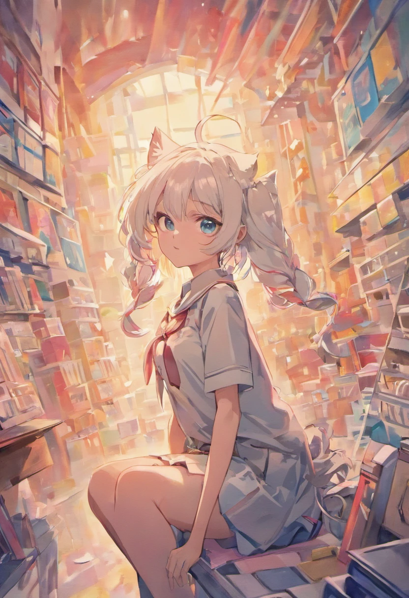 Colorful hair and colorful dress in anime ((cat-eared 1girl)), school uniform pastel vivid, rossdraws cartoon vivid, anime style 4k, beautiful anime portrait, artgerm colorful!!!、! dream art germ, beautiful anime, cat ear 1girl, anime style digital art, anime art wallpaper 4k, anime art wallpaper 4k, digital anime art, highly detailed art germ, school uniform, full body, sitting in her office, white hair, front view, smirking,