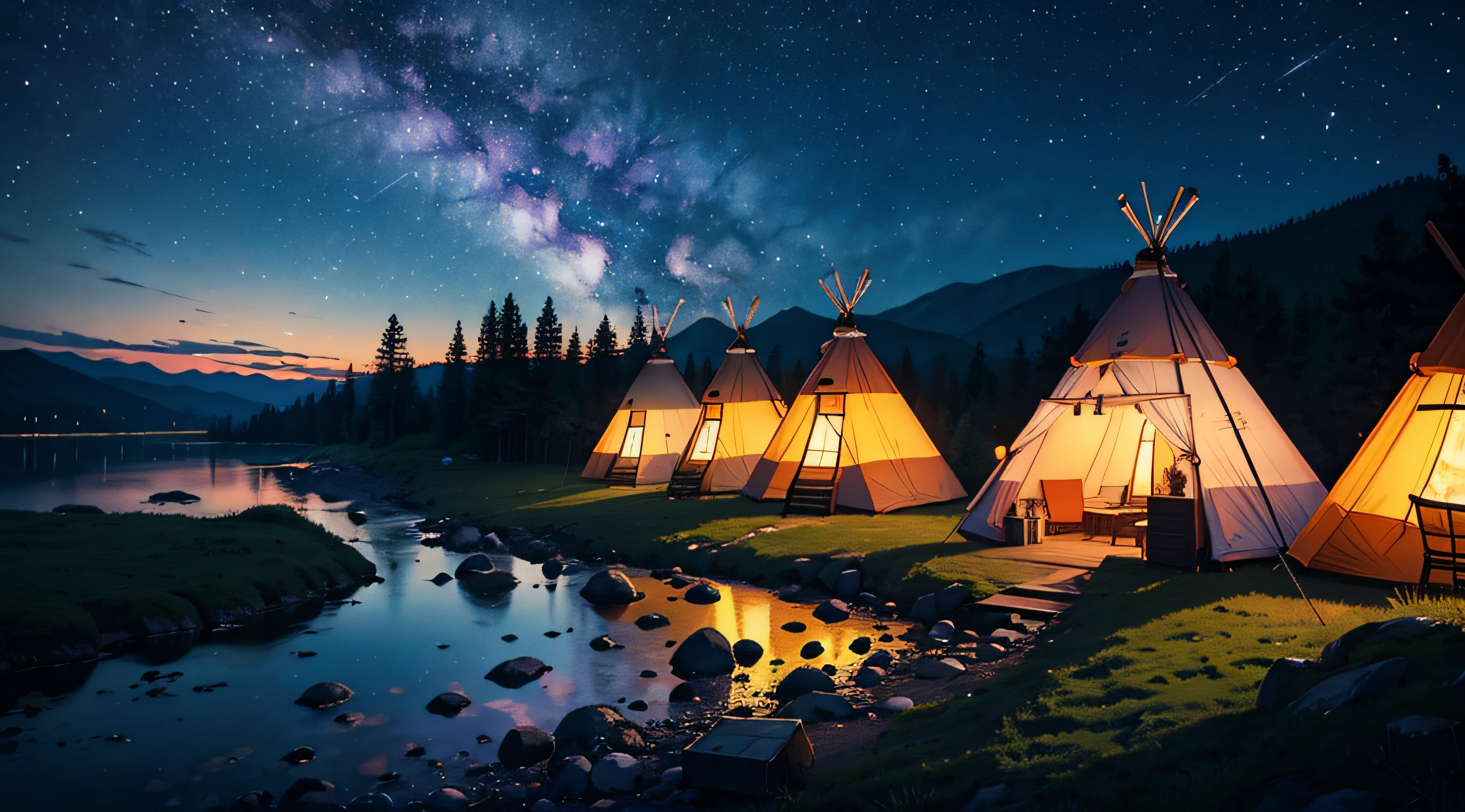 (camp、mont、Burning fire、starrysky、natta、fullmoon)、two womens、Laughing、mont、teepee