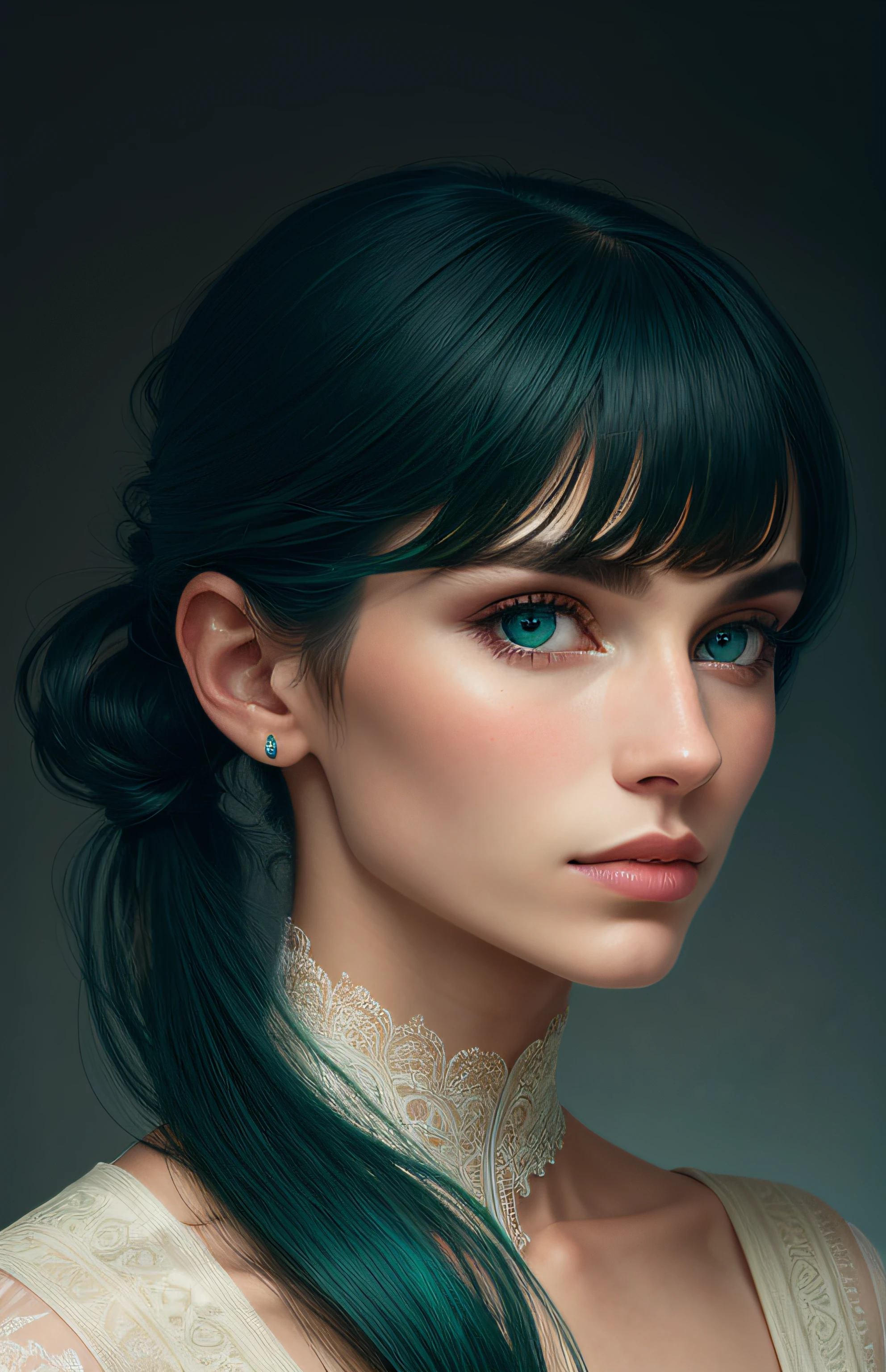 Protrait, photograph, androgynous hunnuman, oval jaw, delicate features, beautiful face, hair, long bangs, long ponytail, bright blue-green eyes, lds art