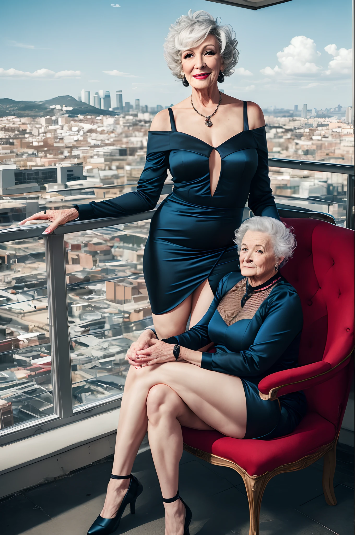 Transgender, satin dress, fishnets, smoking, older woman, sitting in chair, city view