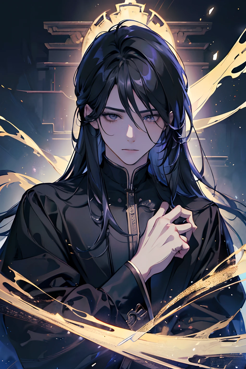 (best quality,4k,8k,highres,masterpiece:1.2),ultra-detailed,(realistic,photorealistic,photo-realistic:1.37),1 male,handsome,adult,adult face, long hair, straight black hair covering one eye,blueish-grey eyes, condescending ,black magic,fantasy,black mage robes,close up