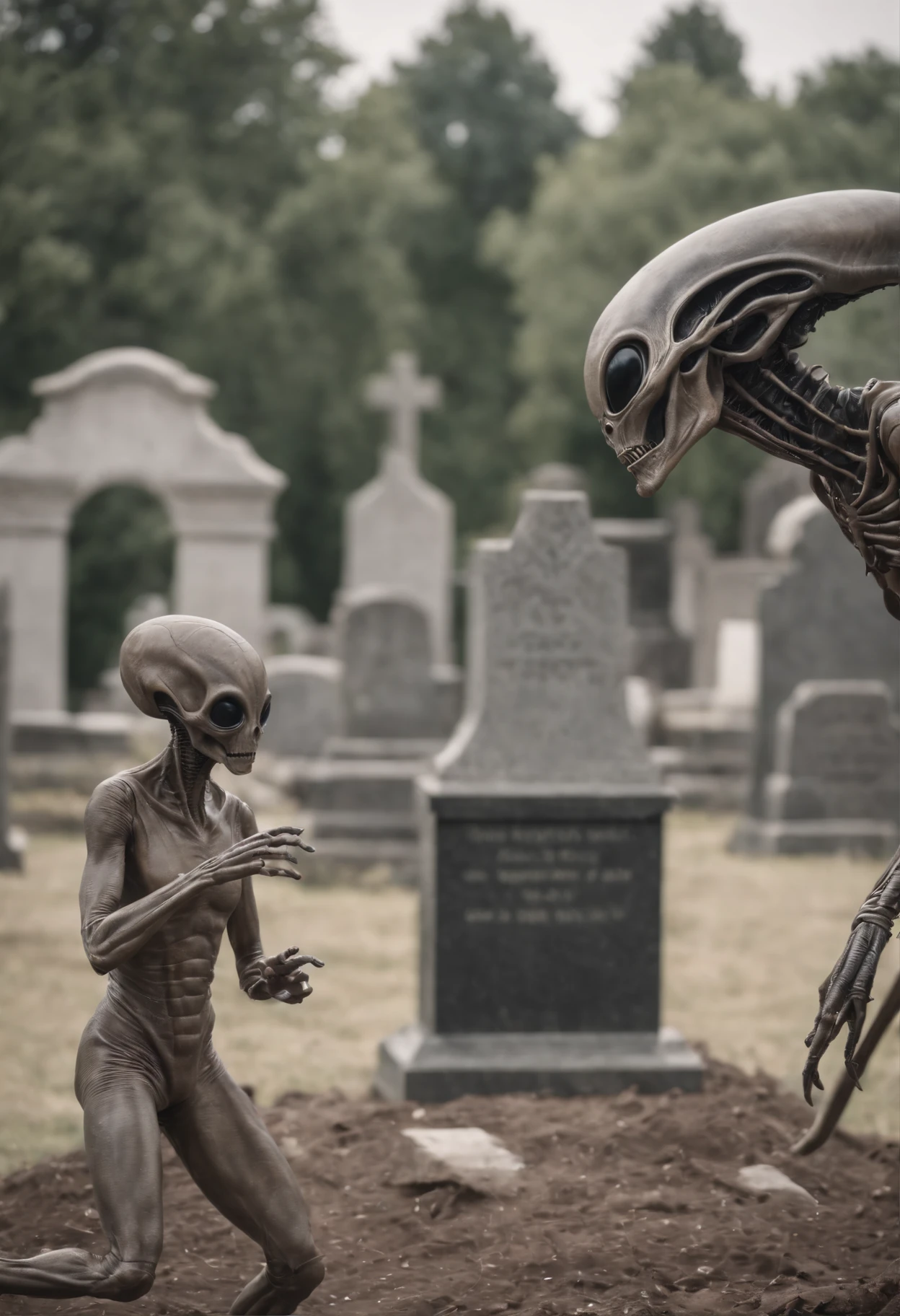 ((Alien)) agarrado com um ((esqueleto)) And hat fighting in a ((graveyard)) com fundo detalhado