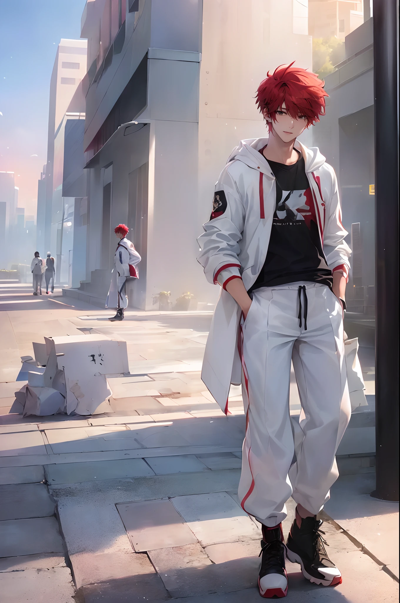 (4K works))、masterpiece、(top-quality)、((Evening city))、((In front of the main gate of the workplace))、((In front of the main gate of the building))、View of the sunset、Korean Male、Adult male、((Adult male 26 years old))、((Face similar to Hyun Jin))、Cool Men、tall、((Gentle smile))、((Strong eyes))、((Wearing a black T-shirt and a white hooded jacket、Wearing long white pants))、((smaller face))、Slim body、((hooligan))、((Bright red short hair))、((hairstyle with a length above the ears,))、((Punk Hairstyles))、((Black eyes))、((shot from front))、((Shot alone))、((Solo Photography))、((He came to pick me up))、((He stands in front of the main gate of the building))