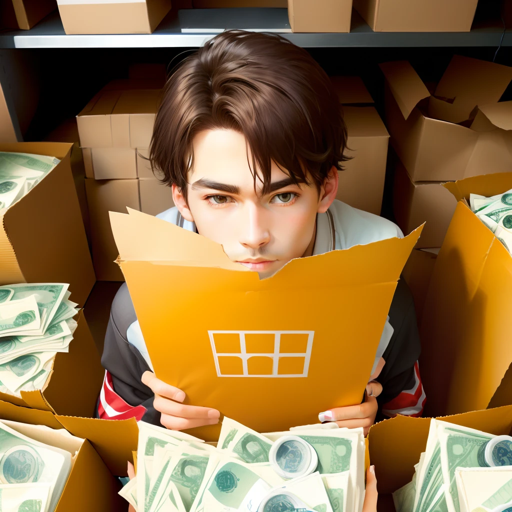 I want the pillsburry doe boy, surrounded by money and cardboard boxes,