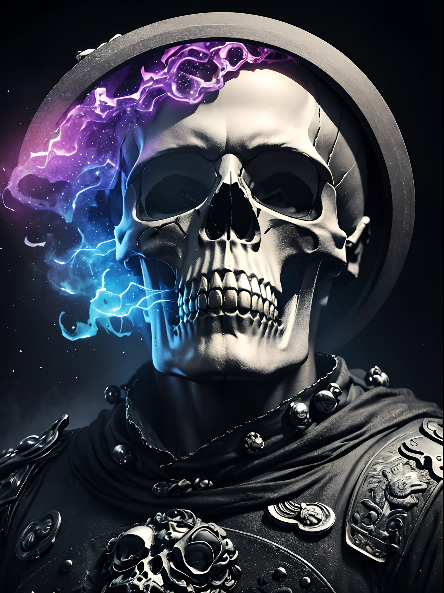 pixel sorting，Metal polished skull painting of man on black background,A rainbow surrounds the 骷髅，Form different structures， breath-taking rendering, Magical rainbow elements,Splendid round rainbow combination，circular composition，Solo，Weathered into gravel，The skull is inlaid with various gemstones，With accessories，