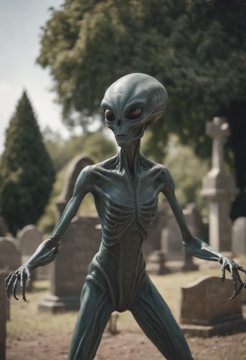 ((alien)) agarrado com um ((esqueleto)) And hat fighting in a ((graveyard)) com fundo detalhado