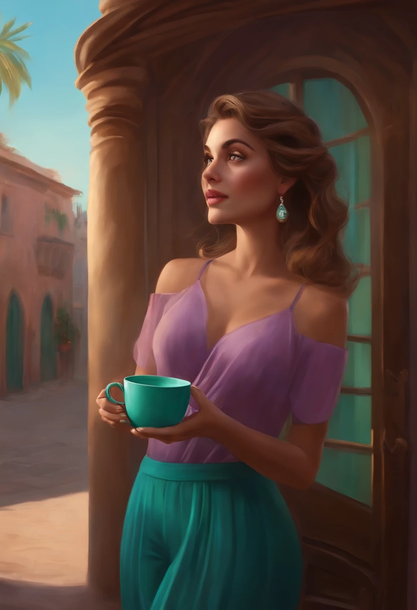 Uma rua movimentada, com uma loja de canecas, com paredes azul tifanny, um toldo rosa claro, com a porta aberta, Standing at the entrance, de frente, tem uma mulher alta e voluptuosa, with long blond hair down to her shoulder, ela tem olhos castanhos e expressivos, She's wearing dark jeans and a lilac blouse, She's holding an aqua green mug , olhando pro expectador e sorrindo , scene should be in the distinct digital art style of Pixar, com cores vibrantes
