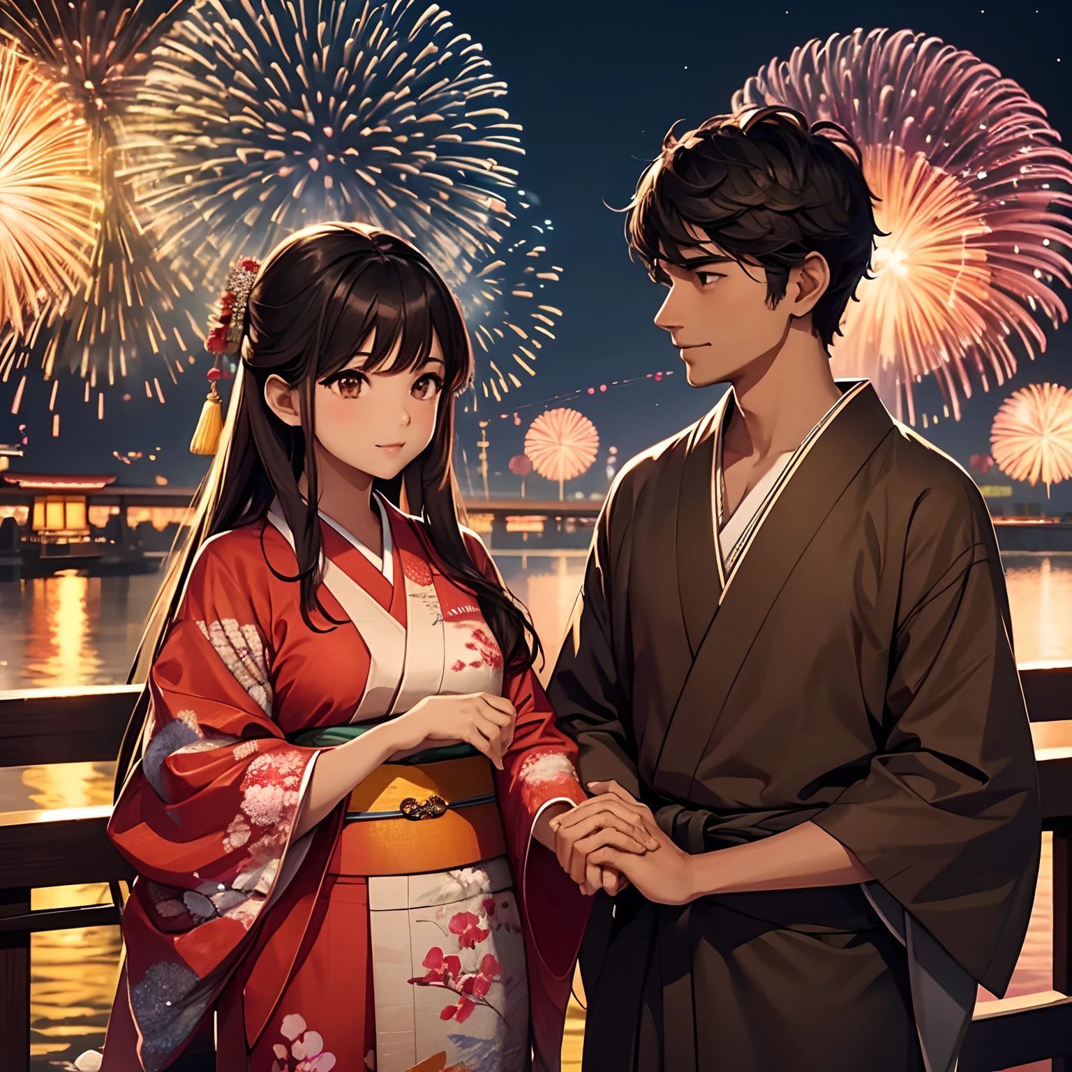 (Indian guy brown skin with long)   and  (Japanese girl) wearing kimono holding hands as they watch the fireworks festival in Japan