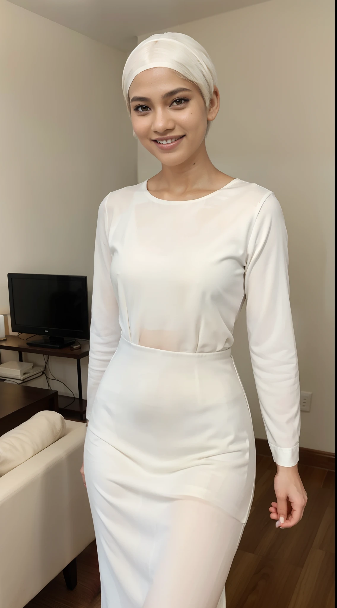 Malay girl, very short white hair, Sculpted Pixie cut hair, wear baju kurung, happy pose, front view, windy, detail skin, age spot, detail skin texture, mole below eyes, small breast, flat chest, wide hips, small waists, thick thighs, slim abs, beautiful body, nighttime, laughing, happy, bright lighting, white hotel living room, blur background, bokeh,