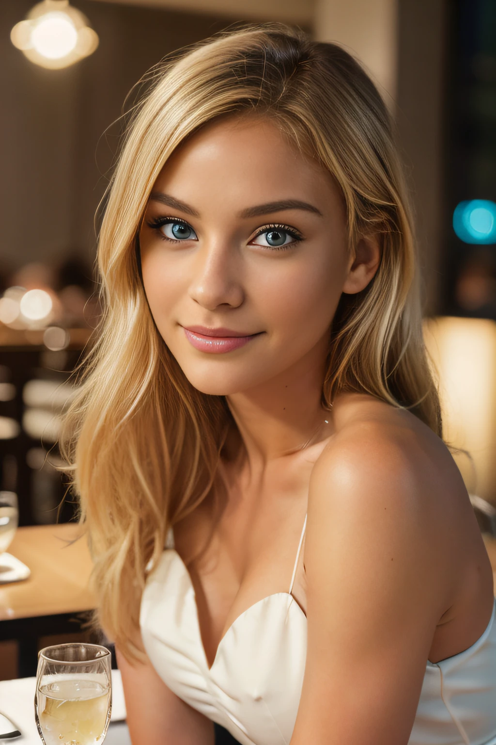 cute beautiful blonde wearing a tight white evening dress (sitting inside a modern restaurant at night), very detailed, 21 years old, innocent face, natural wave hair, blue eyes, high-res, masterpiece, best quality, intricate details, highly detailed, sharp focus, detailed skin, realistic skin texture, texture, detailed eyes, professional, 4k, charmer smile, shot on Canon, 85mm,shallow depth of field, Kodak vision color, perfect fit body, extremely detailed, photo_\(ultra\), photorealistic, realistic, post-processing, max detail, roughness, real life, ultra realistic, photorealism, photography, 8k uhd, photography (film grain) medium shot to close up shot happy smiling atmospheric dark lighting