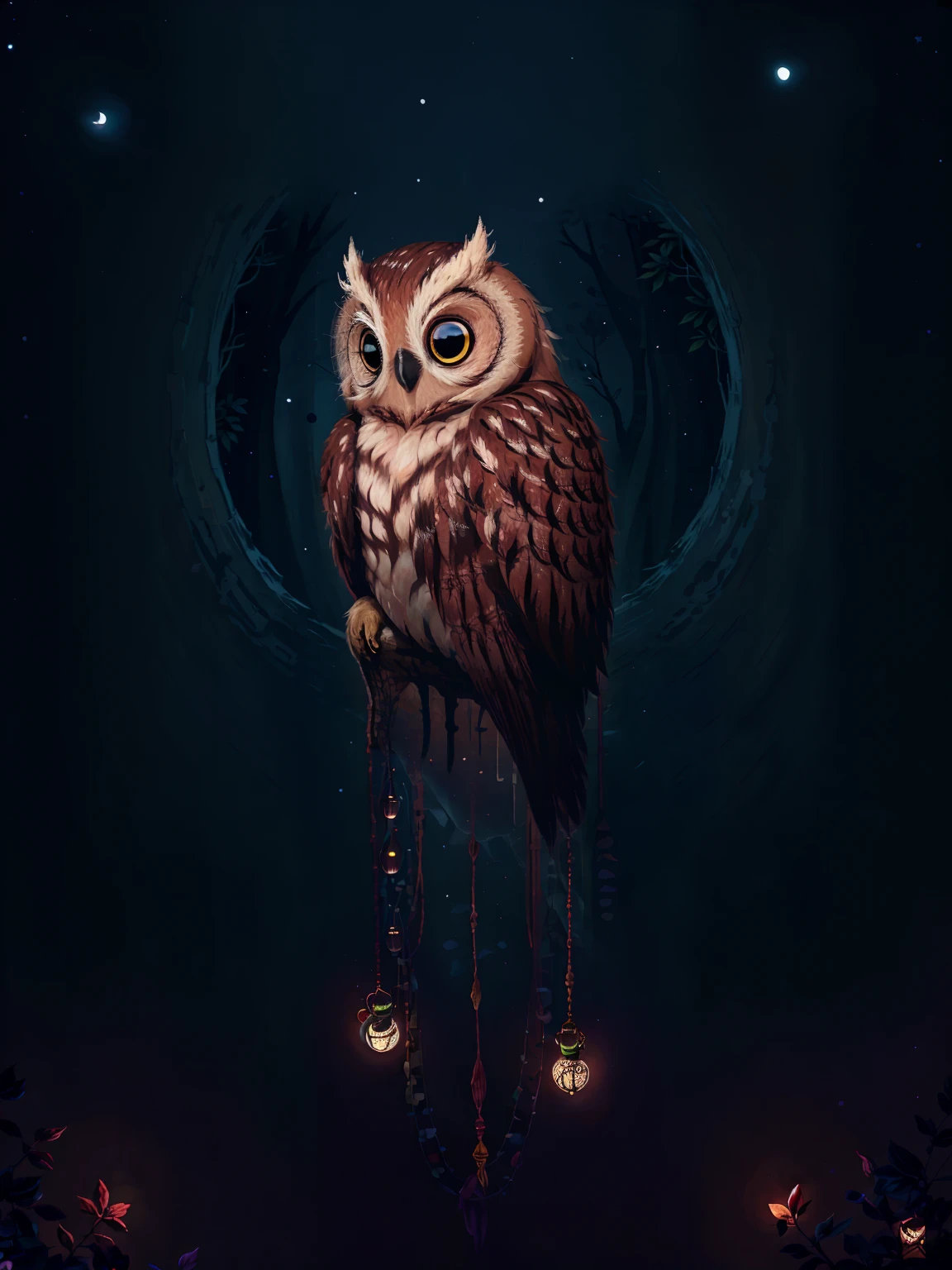 In a mystical forest, a wise owl watches over the moonlit night, evoking tranquility and wisdom, cute00d, concept: ("The Night and the Owl").