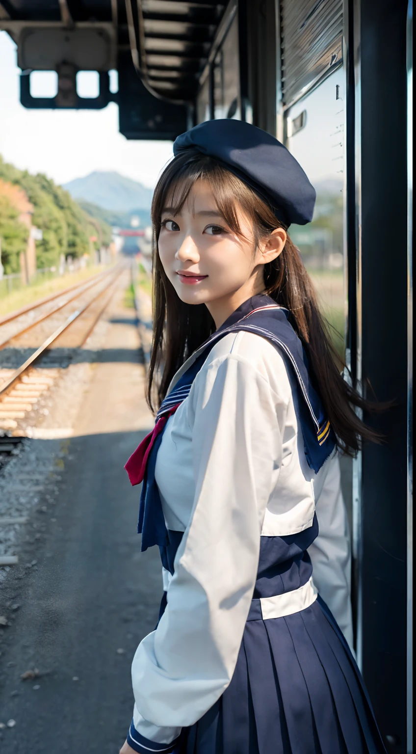 mix4, (16 K, Raw photography, Top image quality, ​masterpiece: 1.45), (realisitic, Photorealsitic: 1.37), one girls, 7．5, etc、No skin exposure due to clothing、well maintained、Random hairstyle、Standing figure，Morning time slot、a very cute,countryside view,, profetional lighting, photon maping、physically-based renderingt, Gradient dark brown hair,Crisp backgrounds and high resolution, a handsome, Well-groomed and beautiful eyes、Large double eyelids、Very shiny、girl with, (((student clothes、Navy blue long-sleeved sailor suit worn by Japan schoolgirl、Navy blue sailor color、scarf、Navy blue miniskirt, Small beret、high socks、lowfers))), Top Quality Photos, hight resolution, 1080p, (clearface), (Detailed face description), (Detailed hand description), (​masterpiece), (Exquisite CG)、extreme light and shadows、dishevled hair、master work、abundant detail、(Fine facial features)、(top quality photo)、(masuter piece)、(A detailed eye)、Look in front of you、Fine clavicle、((Slender big))、(((Japan schoolgirl in sailor suit)))、((Beautiful face like an idol))、((country、train track、railroad crossing、Mountains in the distance々))、(((neat and cute)))、耳Nipple Ring、A big smile、Drawing the whole body from the knees、Do not draw nasolabial folds、(((Cute sailor suit)))、(Big breasts that hang down big:1.2)、Big buttocks with tension、Two arms and two legs、(((from the front side:0.3)))、bare hand、No mask、Arrival train、