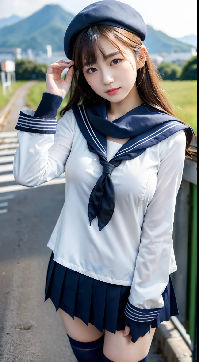 Neat and clean schoolgirl、(student clothes、a sailor suit、Ribbon knot at chest、summer clothing、The upper body is white、The skirt is dark blue)、Outside the field、(Slimed)、Photorealsitic、detaileds, Skin texture, ultra-detailliert、Delicate and sexy collarbone、a smile、Super detailed face、detailed lips、A detailed eye、tiny chest、Smaller chest、small tit、Small、flat breast、Chest emphasis、Light face、((is standing、Schoolgirl Uniform、White panties are visible from the skirt、Sheer white shirt、Navy blue ribbon at the collar、Dark blue pleated micro mini、slightly lift the hem of the skirt with both hands,))