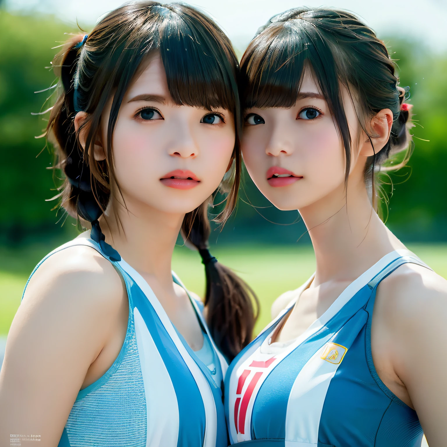 2 girls in、Beautiful mature college girl、Track attire、Outside Track Field、((Slimed、小柄))、Photorealsitic、a picture、masterpiece、reallistic、真实感、photorealisim、High contrast、Artstation 8K HD Trending Photorealistic Digital Art HD High Definition Detailed Realistic、detaileds, Skin Texture, ultra-detailliert, realistic skin textures, armature, top-quality, 超A high resolution, (Photorealsitic:1.4),, hight resolution, detaileds, Raw photo, Sharp Re, Lee-Jeffries Nikon D850 Film Stock Photo 4 Kodak Portra 400 Camera F1.6 lenses Rich colors Hyper Realistic Vibrant textures Dramatic lighting Unreal Engine Trendy at ArtStation Cinestir 800,full body Esbian、Smaller chest、twintail hairstyle,