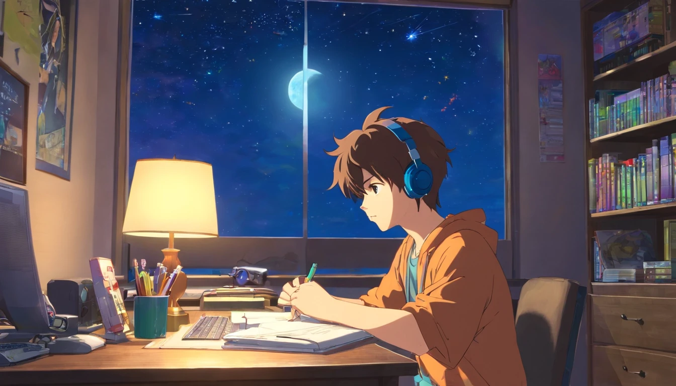 (masutepiece) male (Man's) Sit in his room and study, On his desk, With headphones on, Video games and joysticks on the desk, Geek Decoration, Video games on the wall, poster for, Window with moon and stars, Calm, Peaceful, Thinking, Cinematic, colour grading, beautifully color-coded,