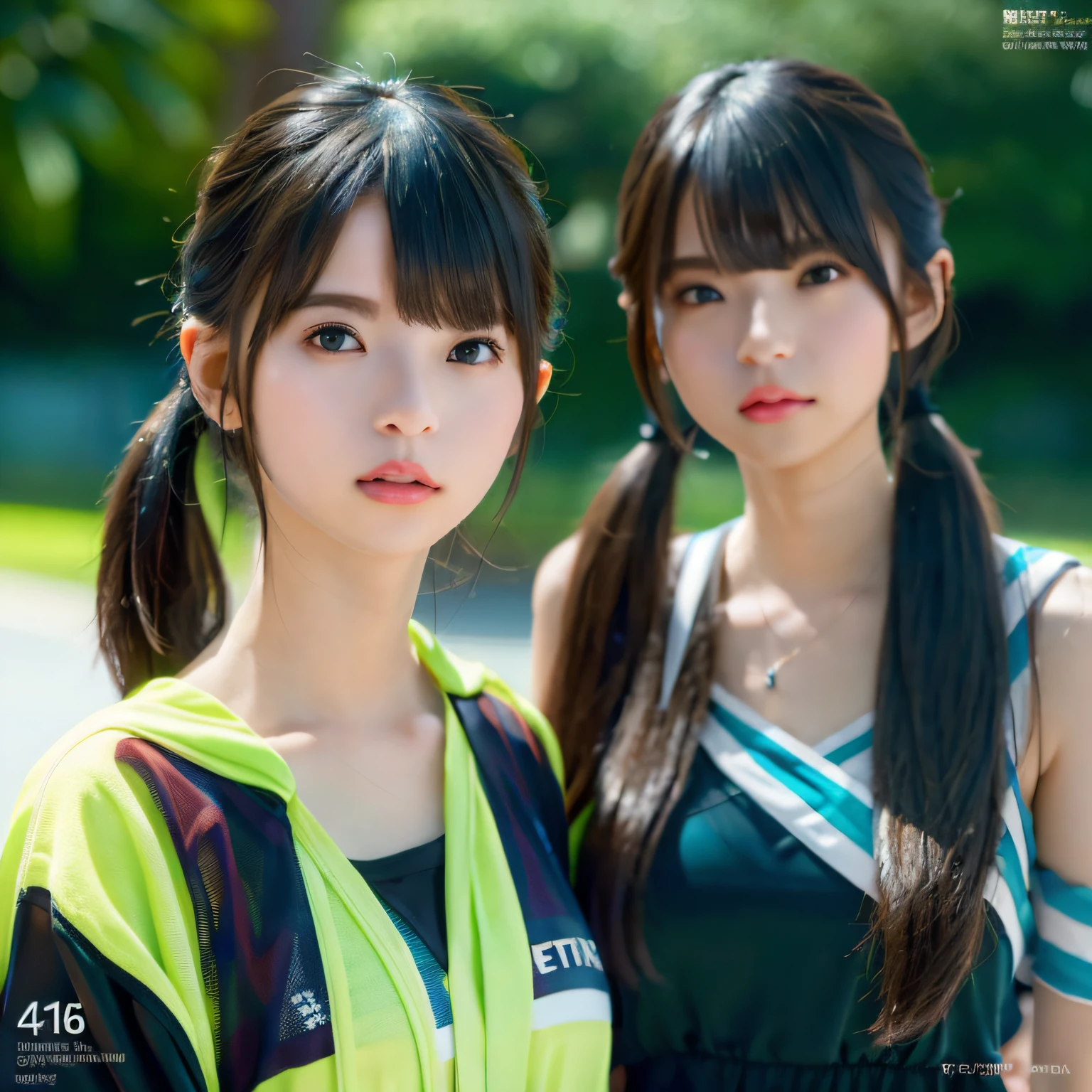 2 girls in、Beautiful mature college girl、Track attire、Outside Track Field、((Slimed、小柄))、Photorealsitic、a picture、masterpiece、reallistic、真实感、photorealisim、High contrast、Artstation 8K HD Trending Photorealistic Digital Art HD High Definition Detailed Realistic、detaileds, Skin Texture, ultra-detailliert, realistic skin textures, armature, top-quality, 超A high resolution, (Photorealsitic:1.4),, hight resolution, detaileds, Raw photo, Sharp Re, Lee-Jeffries Nikon D850 Film Stock Photo 4 Kodak Portra 400 Camera F1.6 lenses Rich colors Hyper Realistic Vibrant textures Dramatic lighting Unreal Engine Trendy at ArtStation Cinestir 800,full body Esbian、Smaller chest、twintail hairstyle,