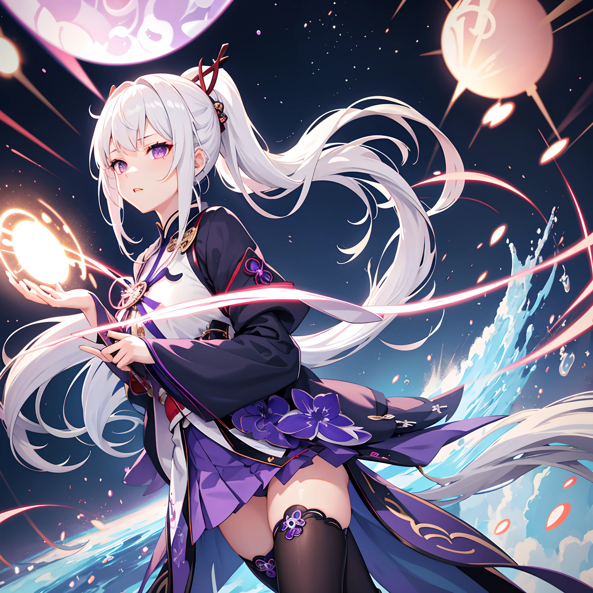 1girl, japanese clothes, ponytail ,white hair, purple eyes, magic circle, blue fire, blue flames, wallpaper, landscape, blood, blood splatter, depth of field, night, light particles, light rays, sidelighting, thighs, fate \(series\), genshin impact, ****, open jacket, skirt, thighhighs, cloud