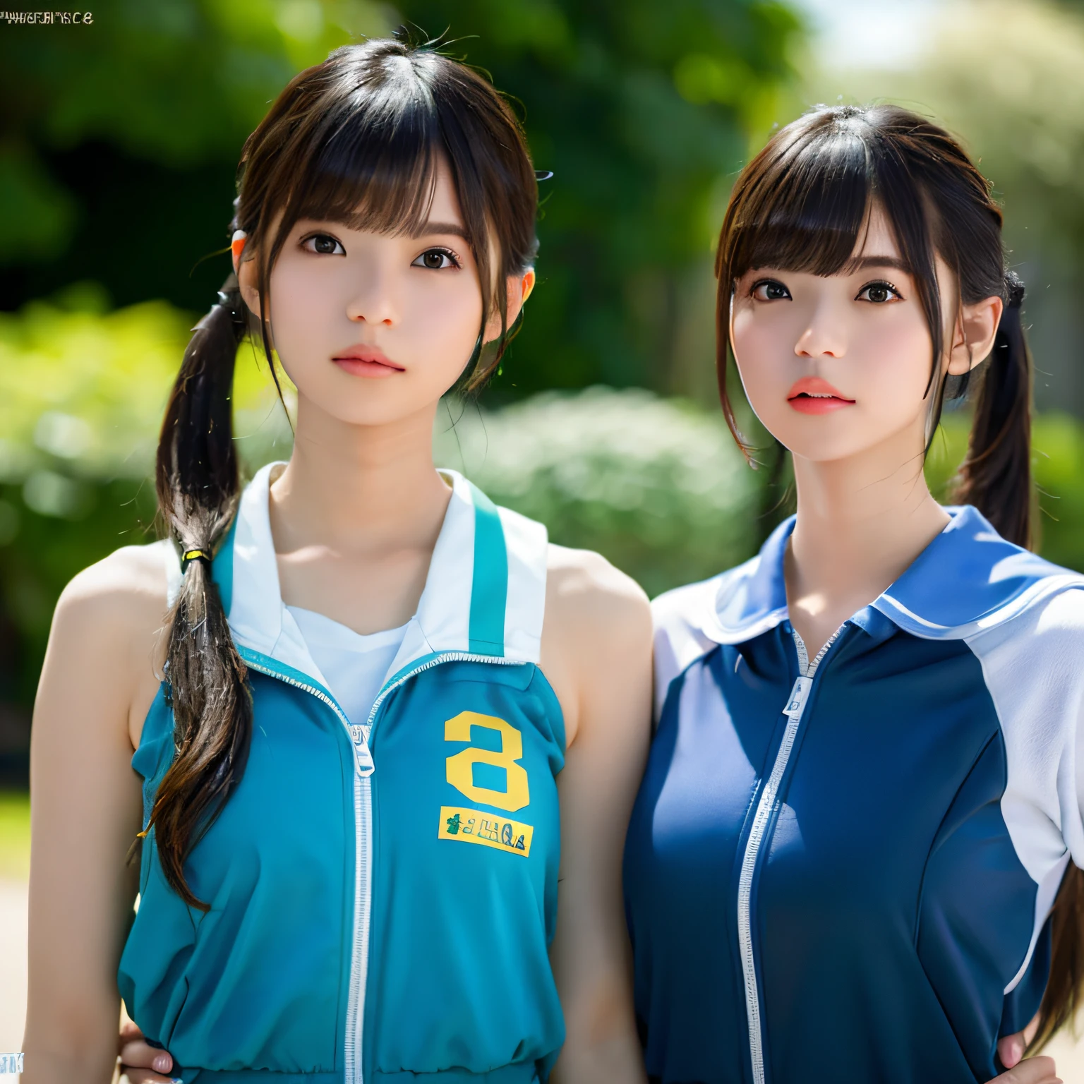 2 girls in、Beautiful mature college girl、Track attire、Outside Track Field、((Slimed、小柄))、Photorealsitic、a picture、​masterpiece、reallistic、真实感、photorealisim、High contrast、Artstation 8K HD Trending Photorealistic Digital Art HD High Definition Detailed Realistic、detaileds, Skin Texture, ultra-detailliert, realistic skin textures, armature, top-quality, 超A high resolution, (Photorealsitic:1.4),, hight resolution, detaileds, Raw photo, Sharp Re, Lee-Jeffries Nikon D850 Film Stock Photo 4 Kodak Portra 400 Camera F1.6 lenses Rich colors Hyper Realistic Vibrant textures Dramatic lighting Unreal Engine Trendy at ArtStation Cinestir 800,full body Esbian、Smaller chest、twintail hairstyle,