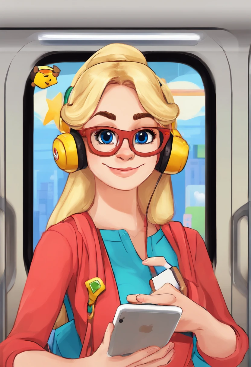 femele,Long hair,wears glasses,coiffed blonde hair,On the subway,wearing headphone,Look at your phone,Listen to the news,