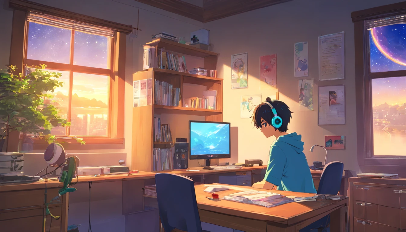 (masutepiece) (Man's) Sit in his room and study, On his desk, With headphones on, Video games and joysticks on the desk, Geek Decoration, Wall Video Games, poster for, Window with the moon and stars, Calm, peaceful, Thinking, Cinematic, colour grading, beautifully color-coded,