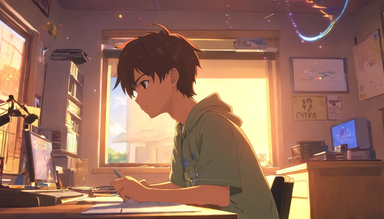(masutepiece) Male child (Man's) Sit in his room and study, On his desk, With headphones on, Video games and joysticks on the desk, Geek Decoration, Wall Video Games, poster for, Window with the moon and stars, Calm, peaceful, Thinking, Cinematic, colour grading, beautifully color-coded,