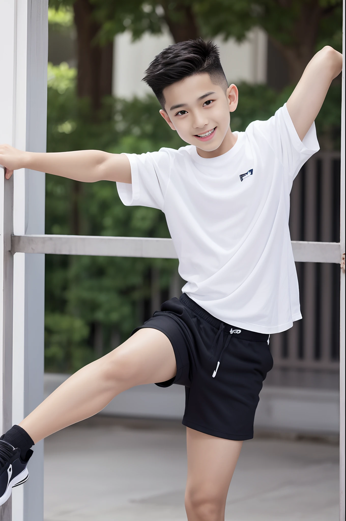 arafed boy in a baggy white shirt and black shorts, Full Body Shoot, Quiff haircut, look at camera, detailed facial parts, Active Boy, Freestyle Pose, Happy Expression, perfect anatomy, symmetric body, asian boy 5 years old, high detail, asian, realistic, human skin, Short Hairstyle, cute, human skin, (eyes contact)