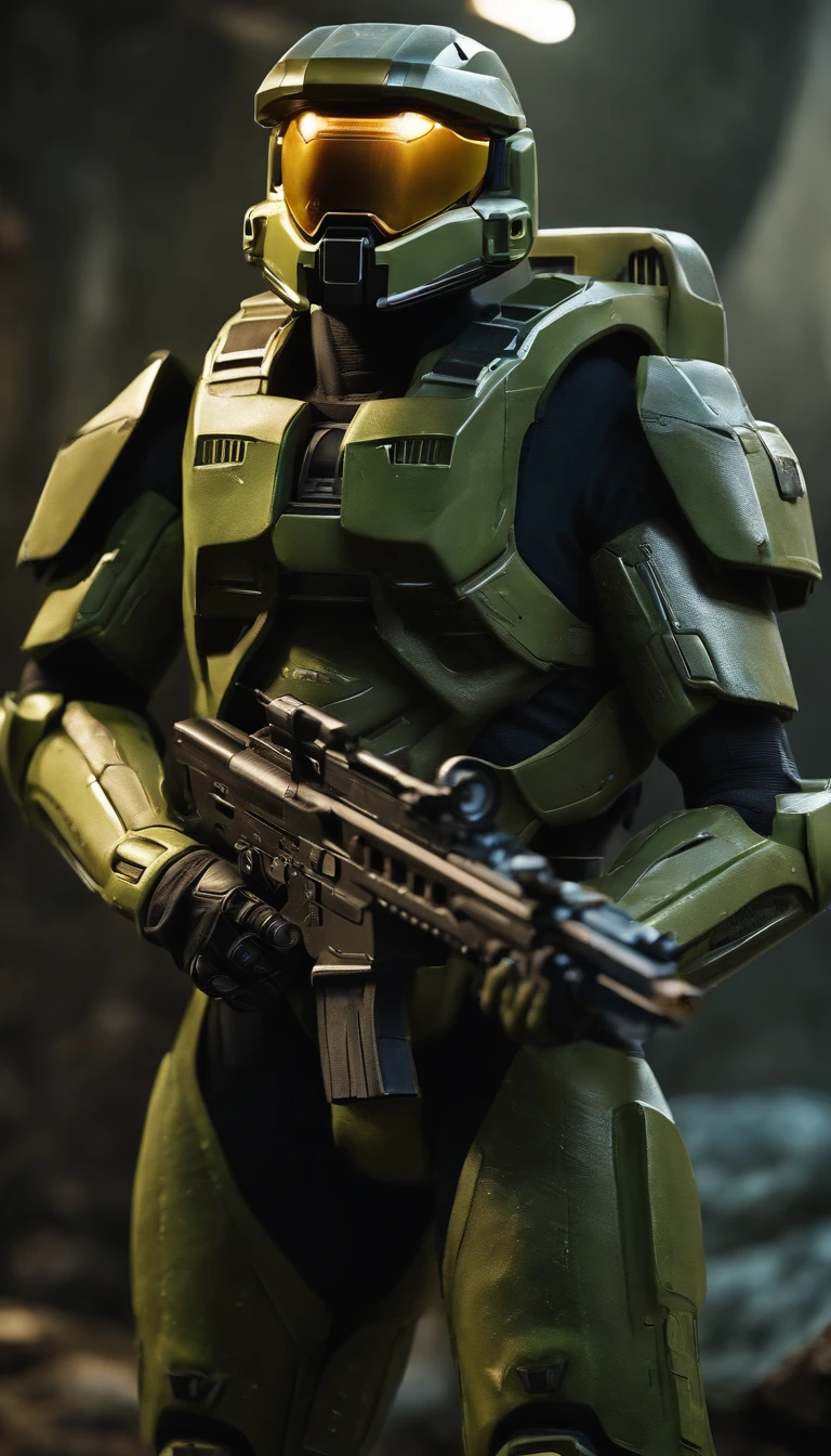 (A high resolution,Ultra-detailed,Realistic:1.37),(Best quality,4K,8K,Masterpiece:1.2),hdr,professional,Stunning,Vivid colors,Bokeh,Sharp focus,Physically-based rendering, Portrait of a Cute 18yo Ginger Girl with Freckles in a Master Chief 117 Armor from the game "Halo" Armed with an assult rifle, Stand on an unknown planet. He wears a futuristic high-tech green armor,It's full of intricate details。. The armor reflects the light beautifully, Create vibrant colors and captivating bokeh effects. The level of detail of the armor is extraordinary, Every little element is meticulously crafted, Add a touch of mystery. The armor is combat wear, Shows signs of previous conflicts. The surroundings are vast and surreal, With towering alien buildings and magnificent skies full of distant stars. The atmosphere is full of anticipation, It was as if an epic battle was about to unfold. Master Chief is tall and confident, Be prepared to face any challenge he encounters. This portrait captures the essence of the game "Halo" and the iconic role of Master Chief 117,Presented in a realistic and stunning way.