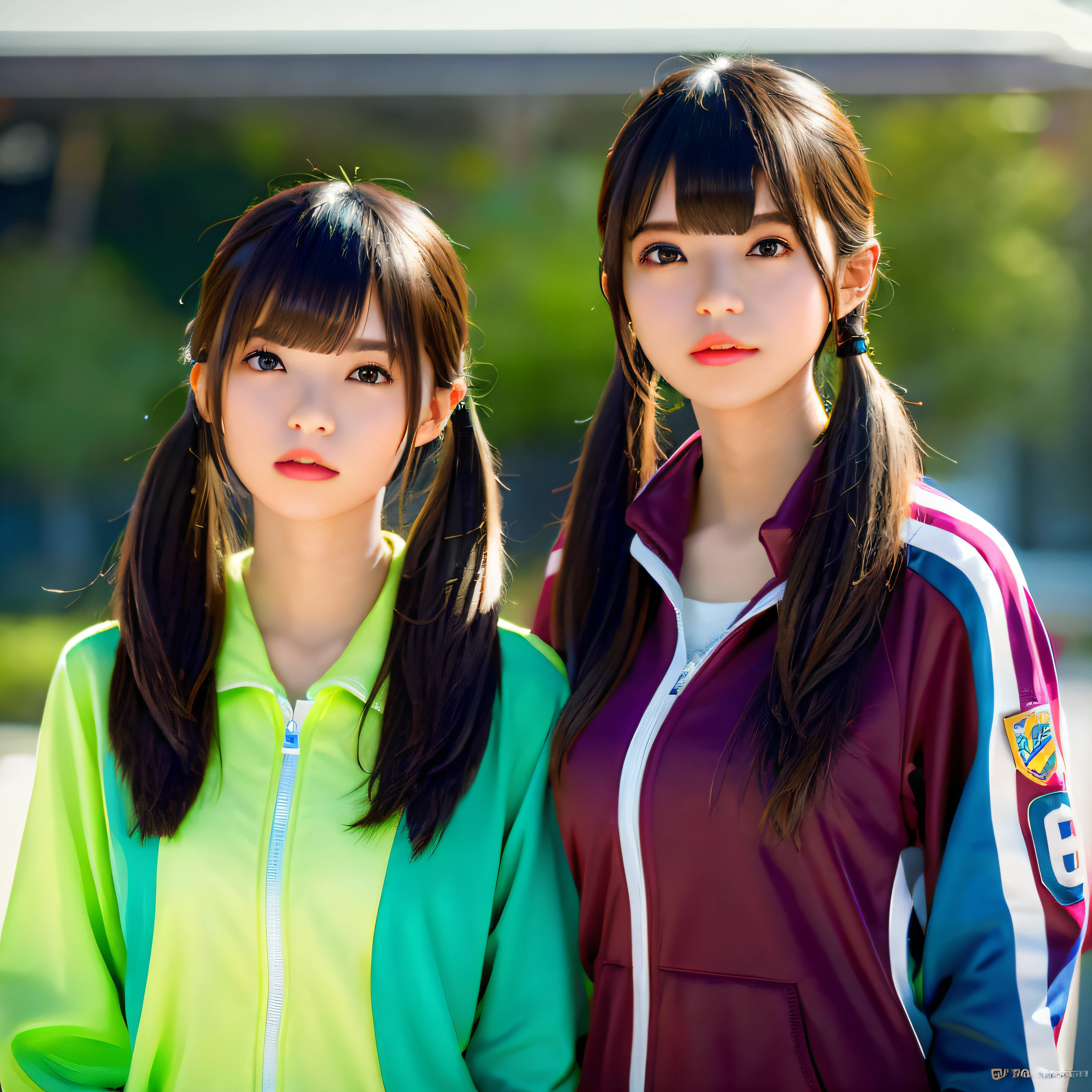 2 girls in、Beautiful mature college girl、Track attire、Outside Track Field、((Slimed、小柄))、Photorealsitic、a picture、masterpiece、reallistic、真实感、photorealisim、High contrast、Artstation 8K HD Trending Photorealistic Digital Art HD High Definition Detailed Realistic、detaileds, Skin Texture, ultra-detailliert, realistic skin textures, armature, top-quality, 超A high resolution, (Photorealsitic:1.4),, hight resolution, detaileds, Raw photo, Sharp Re, Lee-Jeffries Nikon D850 Film Stock Photo 4 Kodak Portra 400 Camera F1.6 lenses Rich colors Hyper Realistic Vibrant textures Dramatic lighting Unreal Engine Trendy at ArtStation Cinestir 800,full body Esbian、Smaller chest、twintail hairstyle,