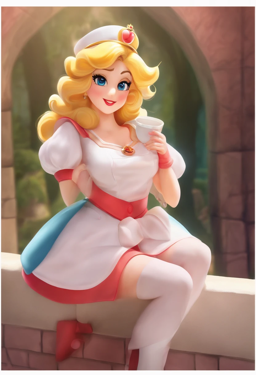 Princess peach leaning on a wall with a a revealing nurse uniforme Cup soft ligh