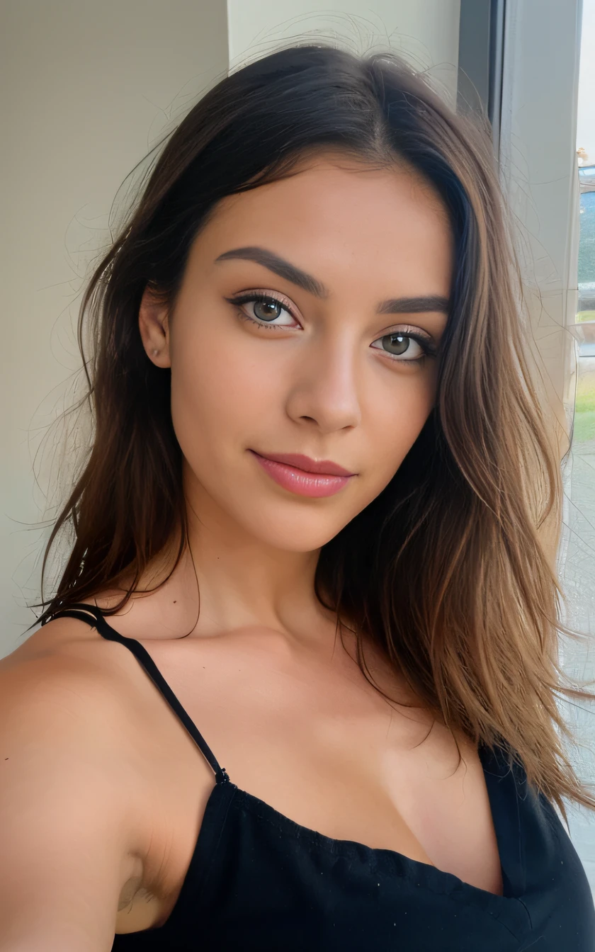 Pretty beautiful French latina blonde taking a selfie looking directly at the camera, Selfie, clivage, highly detailed, , visage innocent, naturally wavy hair, yeux noirs, High resolution, tmasterpiece, Meilleur Qulaity, Intricate details, highly detailed, Mise au point nette, detailed skin, realistic skin texture, texture, detailled eyes, professionnel, 4K, sourire charmant, prise avec Canon, 85 mm, Slight depth of field, Vision couleur Kodak, perfect fit body, Extremely detailed, Photographier_\( ultra\), Photographiréaliste, Realstic, Post-traitement, maximum details, roughness, real life, ultrarealistic, photorealism, Photographierie, 8K UHD, Photographierie