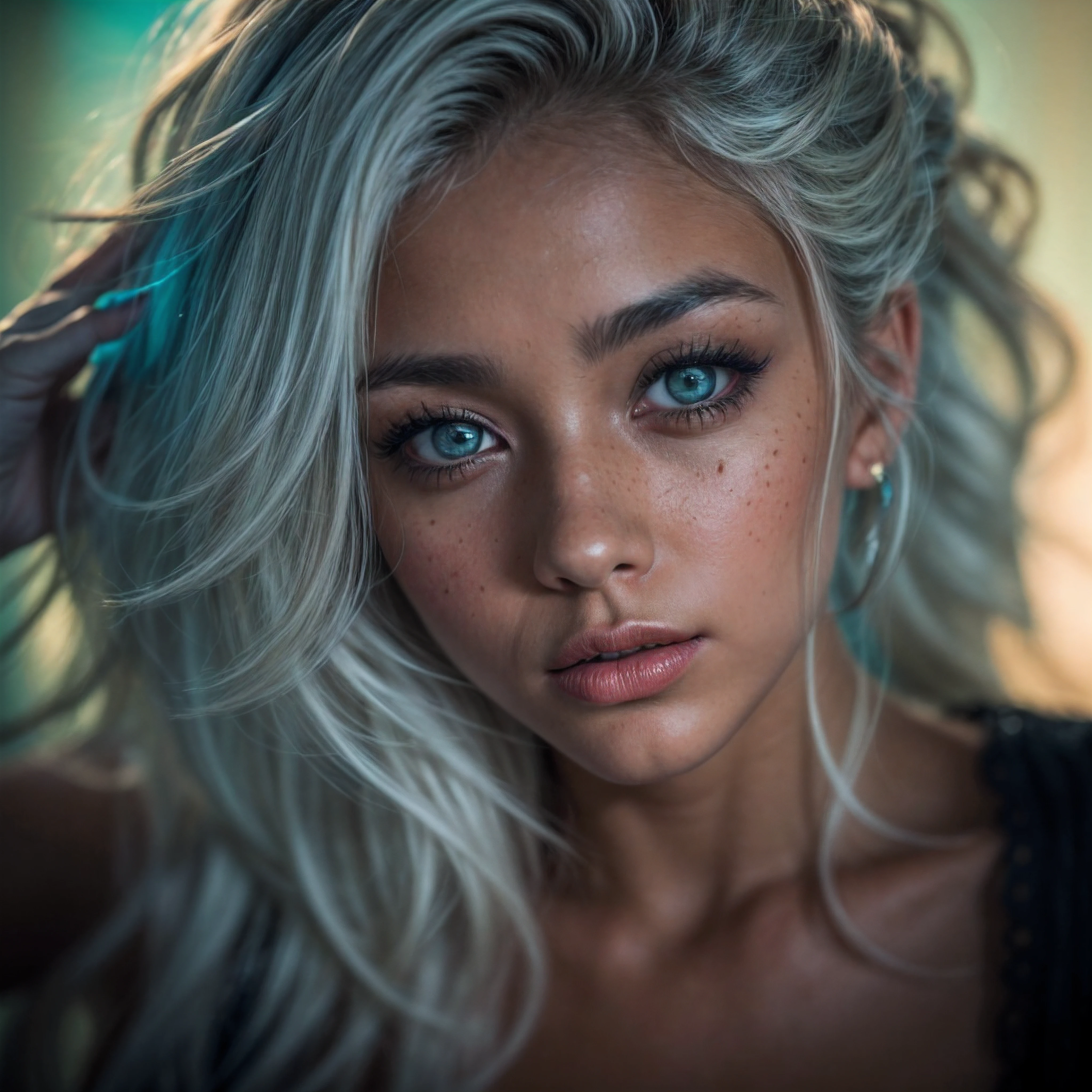 (Cinematic, emotional:1.3), Silhouette of a female against a turquoise backdrop, glowing particles around her, voluminous white hair highlighted, calm expression profiled, (small breasts, orange accents), freckled skin, the photograph captured in stunning 8k resolution and raw format to preserve the highest quality of details, (her eyes are portrayed with meticulous attention to detail: 1.3), The photograph is taken with a lens that emphasizes the depth in her eyes, the backdrop is a dark room setting that enhances the colours of the scene. The lighting and shadows are expertly crafted to bring out the richness of her skin tone and the intense atmosphere. Her hair adds contrast against her skin, the overall composition captures her essence with authenticity and grace, creating a portrait that celebrates her heritage and beauty. Photography utilizing the best techniques for shadow and lighting, to create a mesmerizing portrayal that transcends the visual,