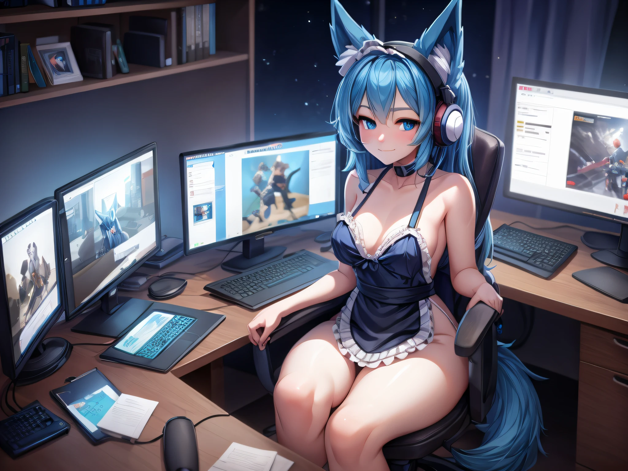 (Masterpiece) (High Detail) (High Res) A short humanoid girl with pale human skin and blue eyes and long blue hair and blue dog ears and a big fluffy dog tail and small breasts is sat at her PC computer playing video games. She is a twitch streamer and is streaming her games. Webcam, Microphone on microphone stand, large desk chair, headphones, stream deck, large lights, looking away from viewer. She is wearing a maid outfit and some headphones.