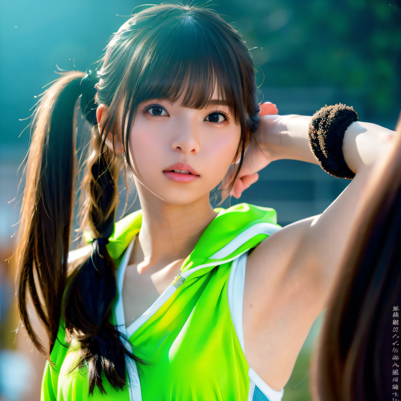 2 girls in、Beautiful mature college girl、Track attire、Outside Track Field、((Slimed、小柄))、Photorealsitic、a picture、masterpiece、reallistic、真实感、photorealisim、High contrast、Artstation 8K HD Trending Photorealistic Digital Art HD High Definition Detailed Realistic、detaileds, Skin Texture, ultra-detailliert, realistic skin textures, armature, top-quality, 超A high resolution, (Photorealsitic:1.4),, hight resolution, detaileds, Raw photo, Sharp Re, Lee-Jeffries Nikon D850 Film Stock Photo 4 Kodak Portra 400 Camera F1.6 lenses Rich colors Hyper Realistic Vibrant textures Dramatic lighting Unreal Engine Trendy at ArtStation Cinestir 800,full body Esbian、Smaller chest、Twintail hairstyle,