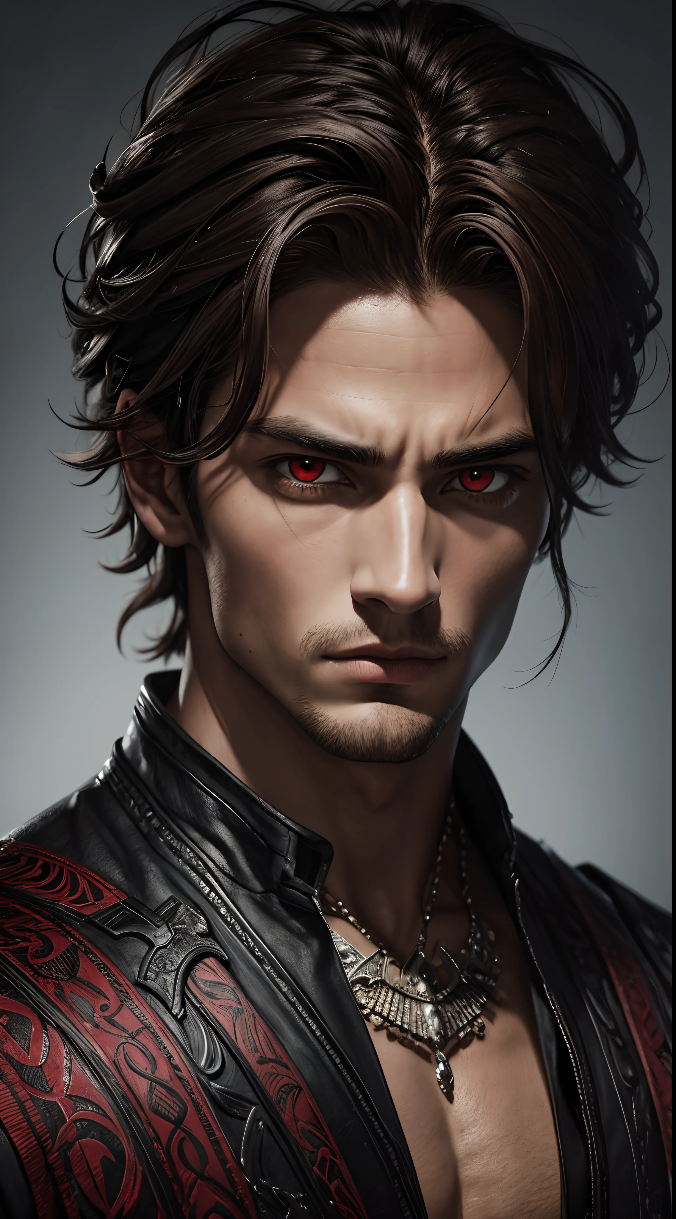 A breathtaking portrait of a beautiful man, his chiseled features and intense red eyes brought to life in stunning detail and quality, a true work of art.