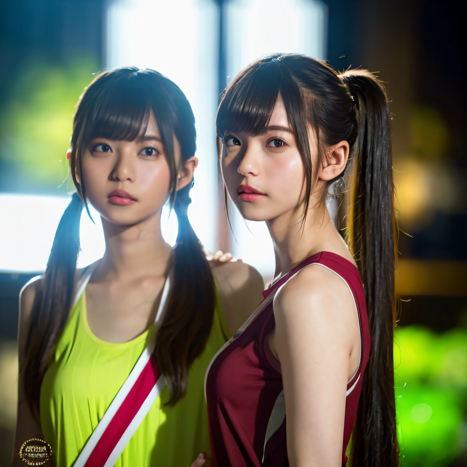 2 girls in、Beautiful mature college girl、Track attire、Outside Track Field、((Slimed、小柄))、Photorealsitic、a picture、​masterpiece、reallistic、真实感、photorealisim、High contrast、Artstation 8K HD Trending Photorealistic Digital Art HD High Definition Detailed Realistic、detaileds, Skin Texture, ultra-detailliert, realistic skin textures, armature, top-quality, 超A high resolution, (Photorealsitic:1.4),, hight resolution, detaileds, Raw photo, Sharp Re, Lee-Jeffries Nikon D850 Film Stock Photo 4 Kodak Portra 400 Camera F1.6 lenses Rich colors Hyper Realistic Vibrant textures Dramatic lighting Unreal Engine Trendy at ArtStation Cinestir 800,full body Esbian、Smaller chest、Twintail hairstyle,