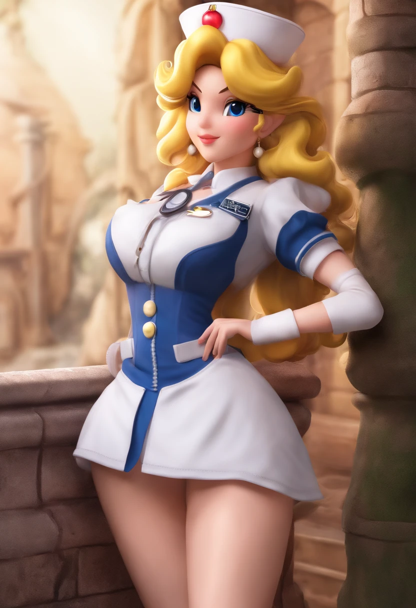 Princess peach leaning on a wall with a a revealing nurse uniforme Cup soft ligh,big breast erotic