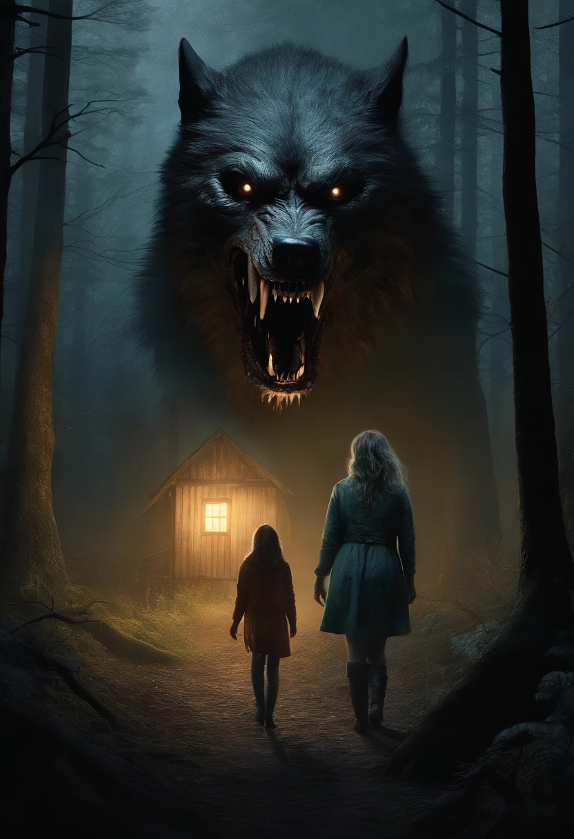 "Terrifying horror art of a full-bodied terrifying werewolf with sharp teeth, Set in a dark ambient forest cabin. The artwork showcases the eerie atmosphere of Poland's cryptid folklore.", with a woman with a camera in her hand who is terrified