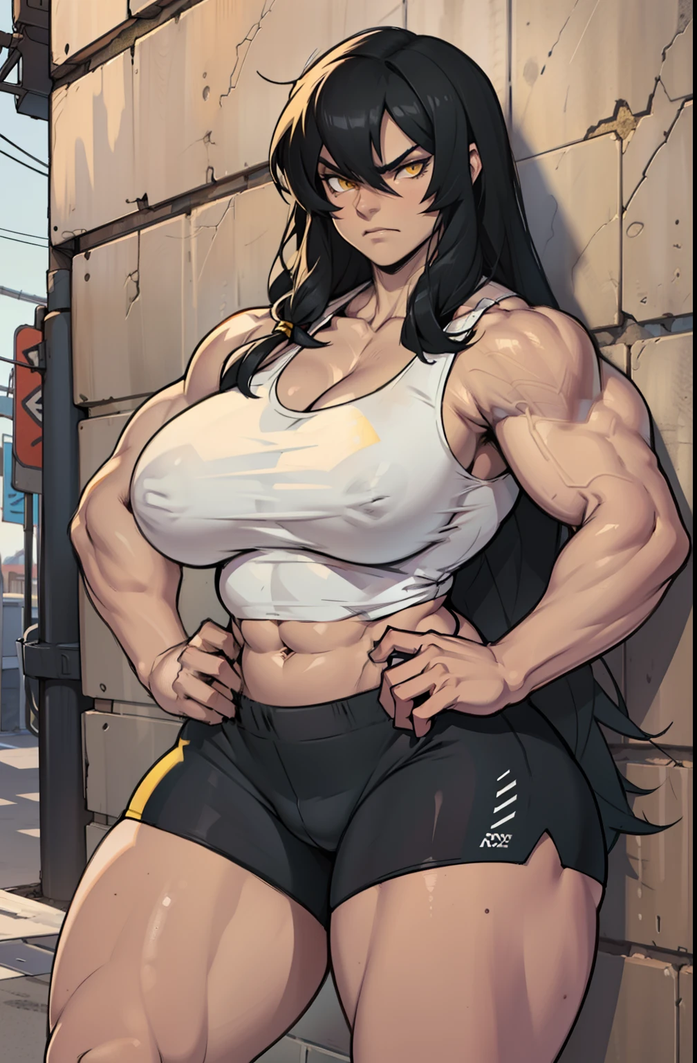 solo, ((1 girl)), very long hair, black hair, angry, yellow eyes, ((((muscular)))), ((huge tits)), ((thick thighs)), ((wide hips)), (cowboy shot), pale skin, tank top, bike shorts, standing, toned body, against wall