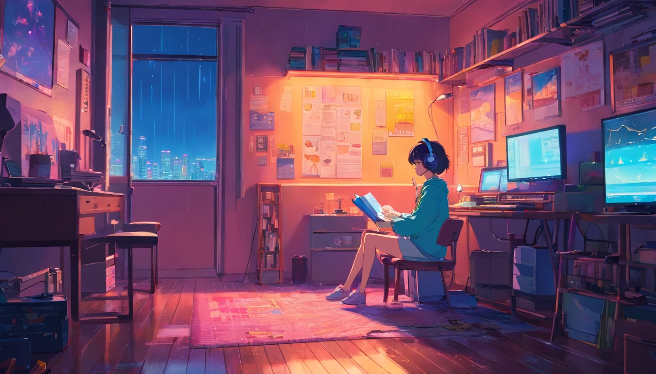 (Staynight), Girl studying in her room, Reading a book, Wear headphones, , night lights, Neon landscape on a rainy day,Analog Color Theme, Lo-Fi Hip Hop , Retrospective, Flat, 2.5D ,Draw a line, Ink drawing, Large gradient, Watercolor painting, Goosch color, Studio Ghibli style, Awesome colorful, Outer Ton, Synth Wave, lofi art,90s style,Old textures, amplitude,90s atmosphere, masutepiece, Incredible technology, 16:9 scale