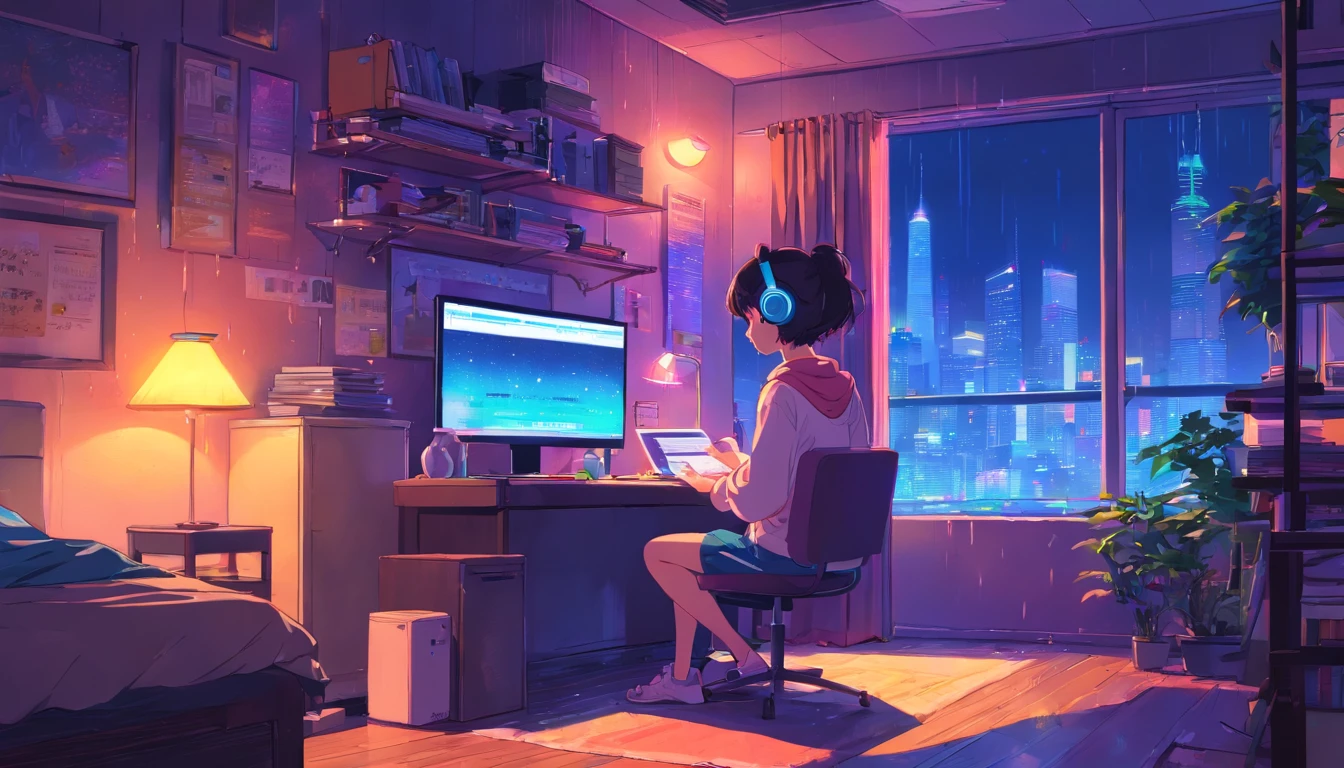 (Staynight), Girl studying in her room, Reading a book, Wear headphones, , night lights, Neon landscape on a rainy day,Analog Color Theme, Lo-Fi Hip Hop , Retrospective, Flat, 2.5D ,Draw a line, Ink drawing, Large gradient, Watercolor painting, Goosch color, Studio Ghibli style, Awesome colorful, Outer Ton, Synth Wave, lofi art,90s style,Old textures, amplitude,90s atmosphere, masutepiece, Incredible technology, 16:9 scale