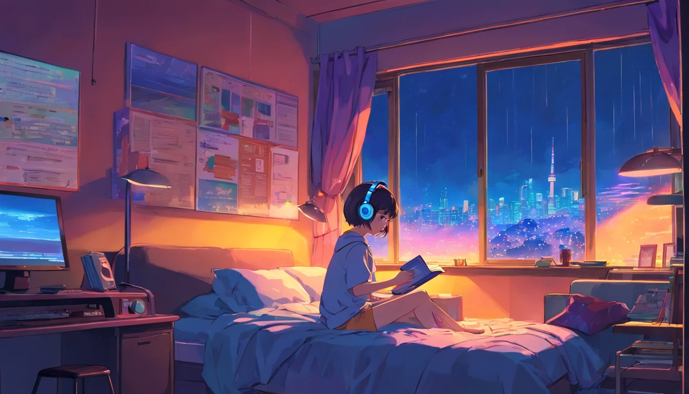 (Staynight), Girl studying in her room, Reading a book, Wear headphones, , night lights, Neon landscape on a rainy day,Analog Color Theme, Lo-Fi Hip Hop , Retrospective, Flat, 2.5D ,Draw a line, Ink drawing, Large gradient, Watercolor painting, Goosch color, Studio Ghibli style, Awesome colorful, Outer Ton, Synth Wave, lofi art,90s style,Old textures, amplitude,90s atmosphere, masutepiece, Incredible technology, 16:9 scale