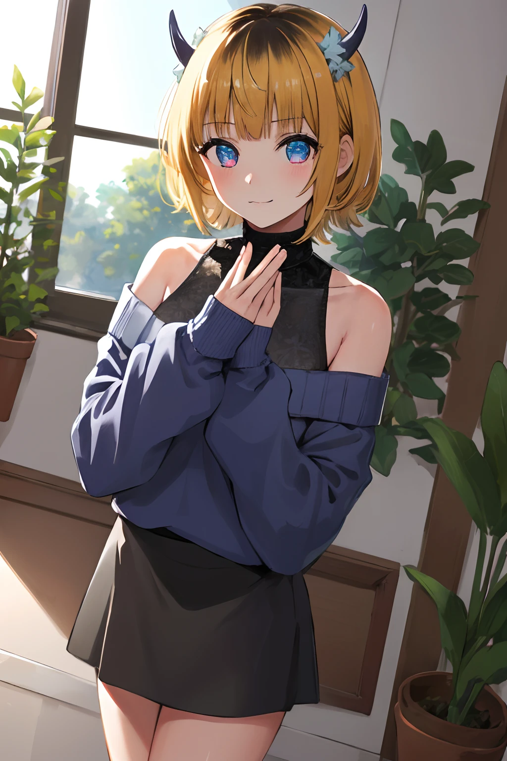 1girl in, MEMcho, Blonde hair, Blue eyes, Blunt bangs, Demon Horns, fake horns, Horns, Short hair,
BREAK bare shoulders, Black skirt, (Blue sweater:1.5), Long sleeves, off shoulders, off-the-shoulder sweater, Puffy sleeves, Skirt, Sweaters, White ribbon, Standing,
Blake House, windows, drapes, houseplant,
BREAK looking at viewer,
BREAK (masutepiece:1.2), Best Quality, High resolution, Unity 8k壁纸, (Illustration:0.8), (Beautiful detailed eyes:1.6), extra detailed face, Perfect Lighting, extremely details CG, (Perfect hands, Perfect Anatomy)