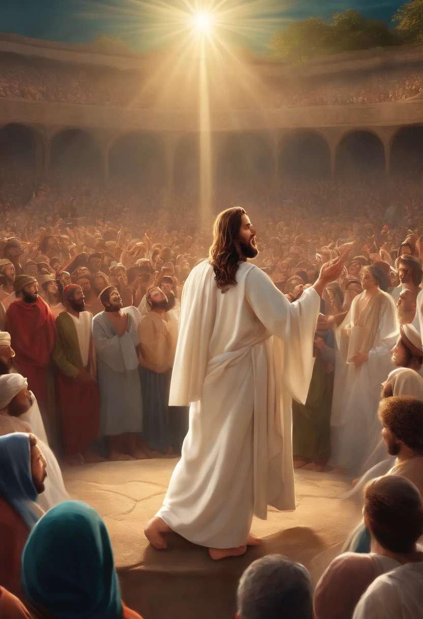 Create an image of Jesus preaching to an anime-style crowd