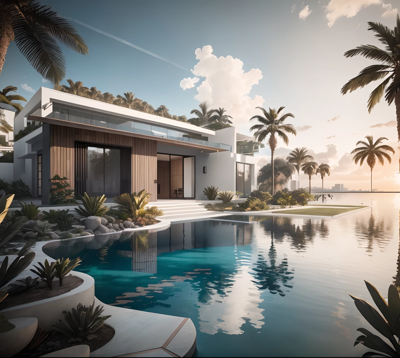 glass door,concrete, wood wall,white, modern villa, palm, plant, beautiful sky, wood facade, architecture, beautiful, masterpiece, best quality, super detailed, realistic, photorealistic, 8k, sharp focus