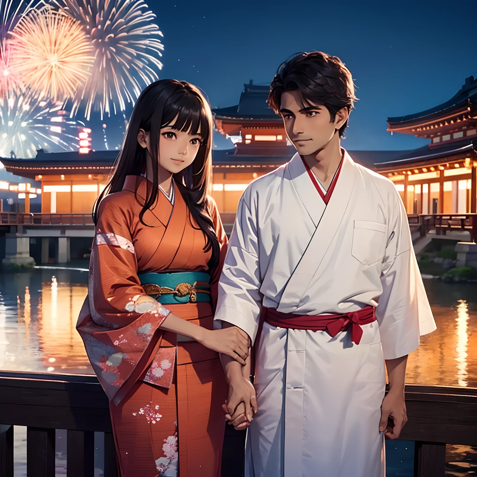(Indian guy brown skin with long)   and  (Japanese girl) wearing kimono holding hands as they watch the fireworks festival in Japan