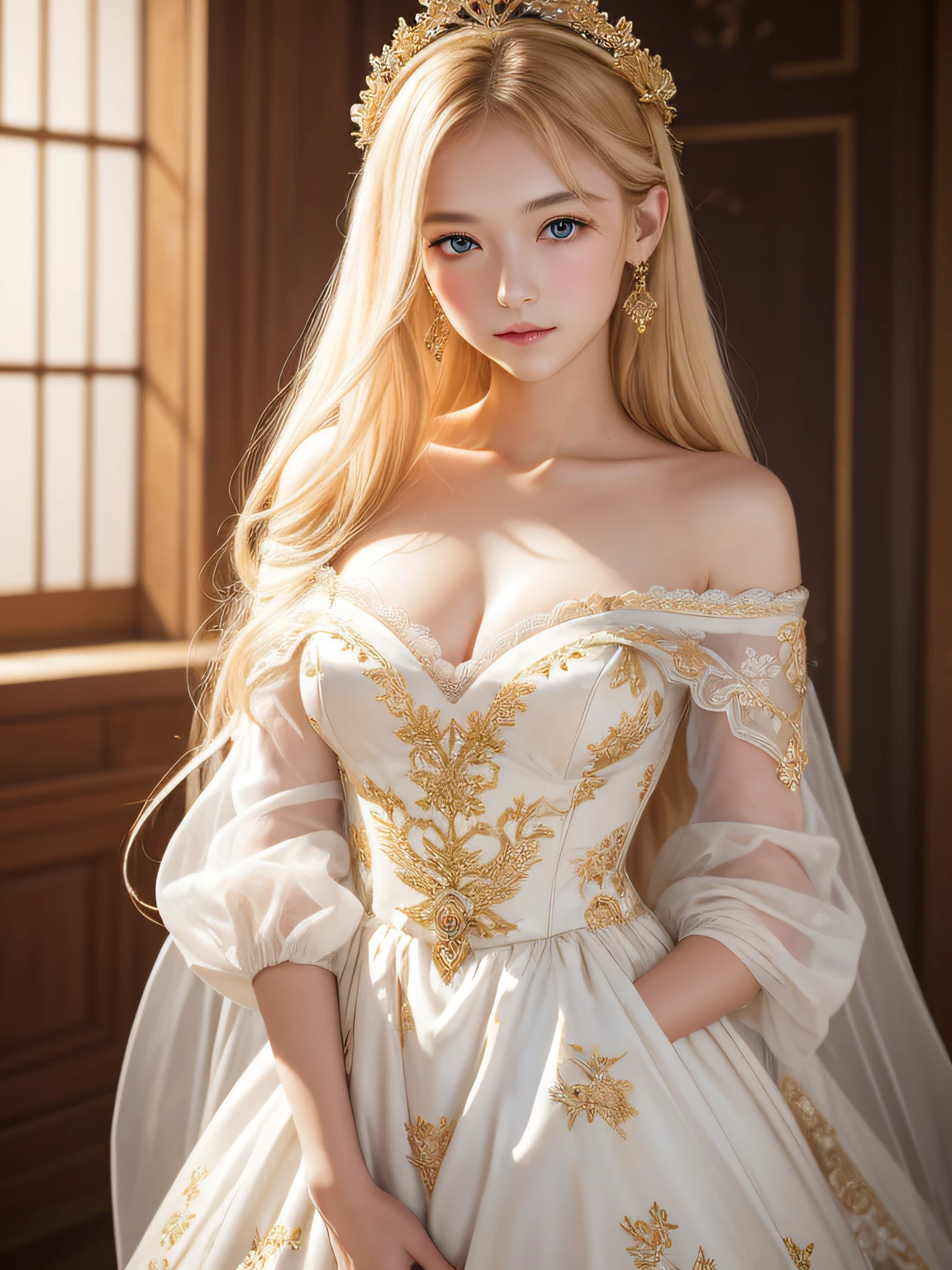 masutepiece、Masterpiece、ultra-definition、accurate depiction、extremely high detail、8K picture quality、one girls、(18 year old pretty woman、18year old)、small head、Cute face、a blond、half up、Blue eyes、perfect glossy skin、((tre anatomically correct))、Perfect body:1.1、high-level image quality、masterpiece、Look at viewers、(White princess dress、Golden floral embroidery)、sexypose、the royal palace、Enveloping her presence with delicate particles、Soft light、divine atmosphere、Photoreal Stick