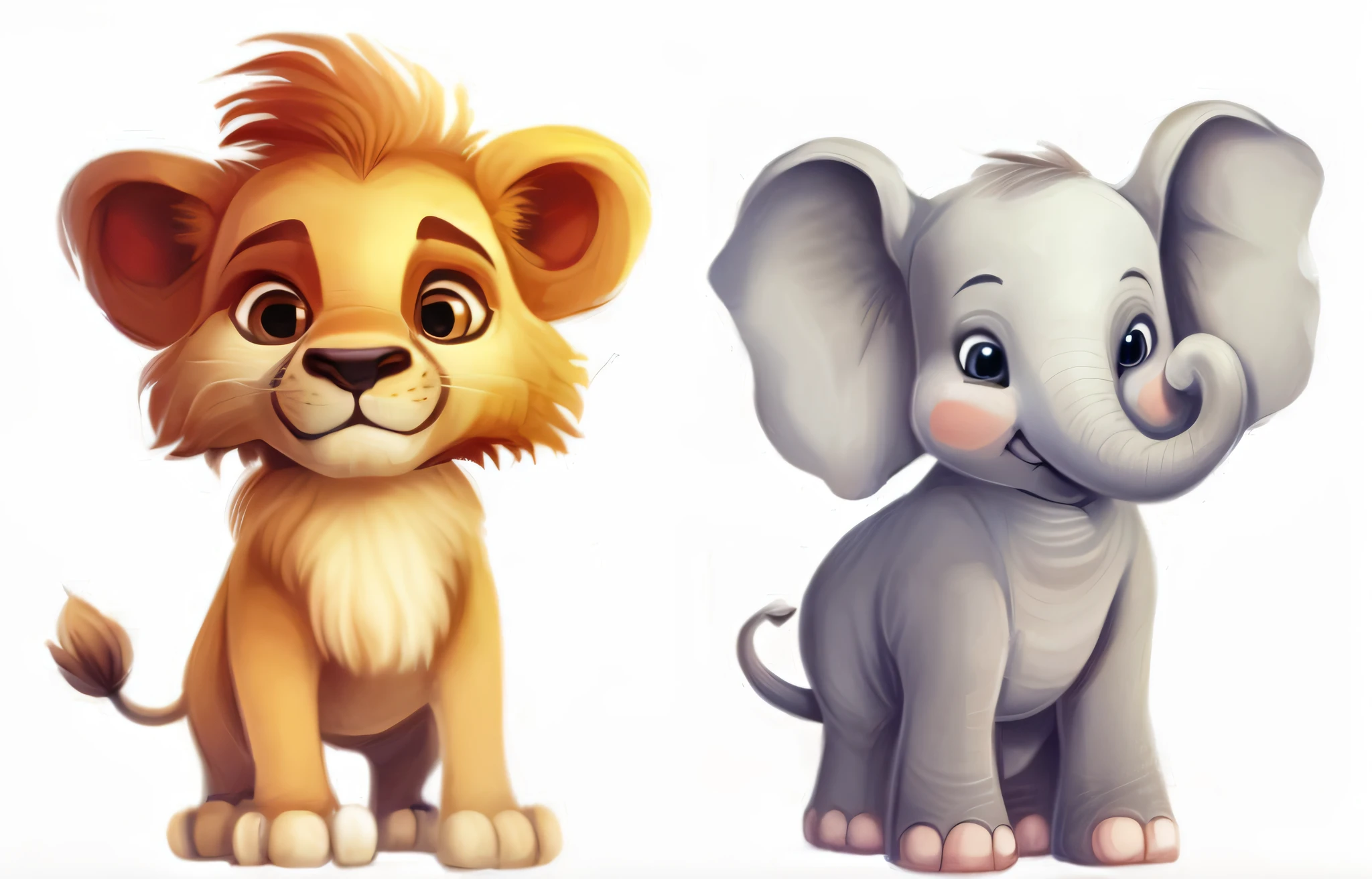 Lion and elephant cub, fofo, cartoon