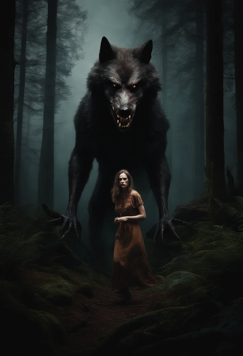 "Terrifying horror art of a full-bodied terrifying werewolf with sharp teeth, Set in a dark ambient forest cabin. The artwork showcases the eerie atmosphere of Poland's cryptid folklore.", with a woman with a vintage camera in her hand who is terrified who is facing the camera lens